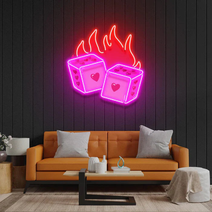 Dice Love UV Art LED Neon Sign in pink and red color by LEDNeons -  great for wall décor in gaming and entertainment areas.
