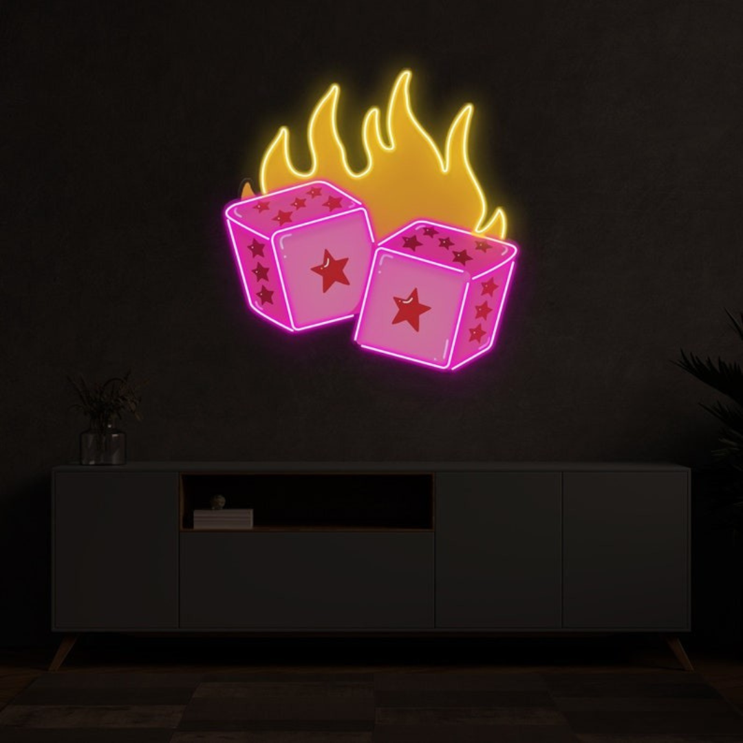Dice Love UV Art LED Neon Sign in pink and red color by LEDNeons -  great for wall décor in gaming and entertainment areas.