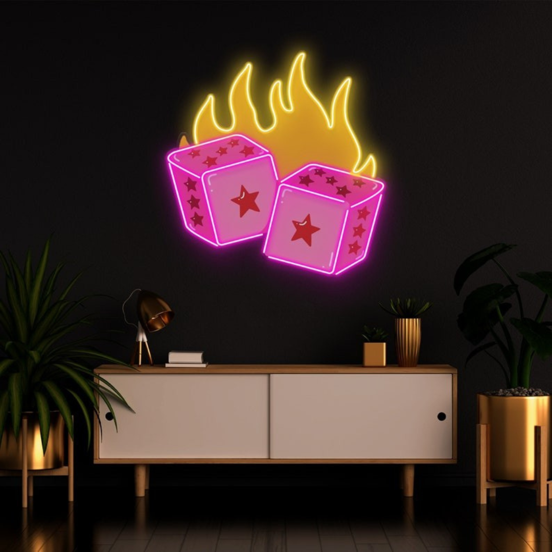 Dice Love UV Art LED Neon Sign in pink and red color by LEDNeons -  great for wall décor in gaming and entertainment areas.