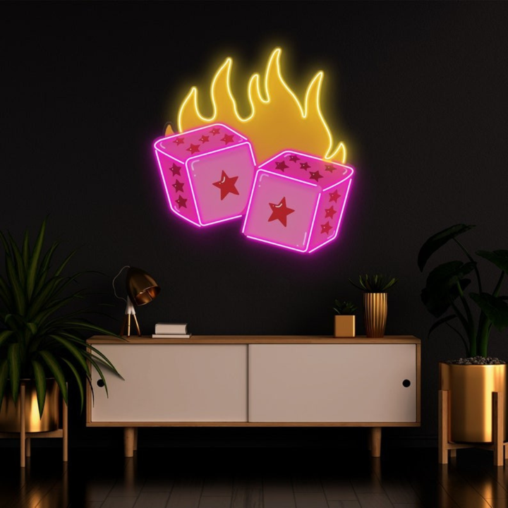 Dice Love UV Art LED Neon Sign in pink and red color by LEDNeons -  great for wall décor in gaming and entertainment areas.