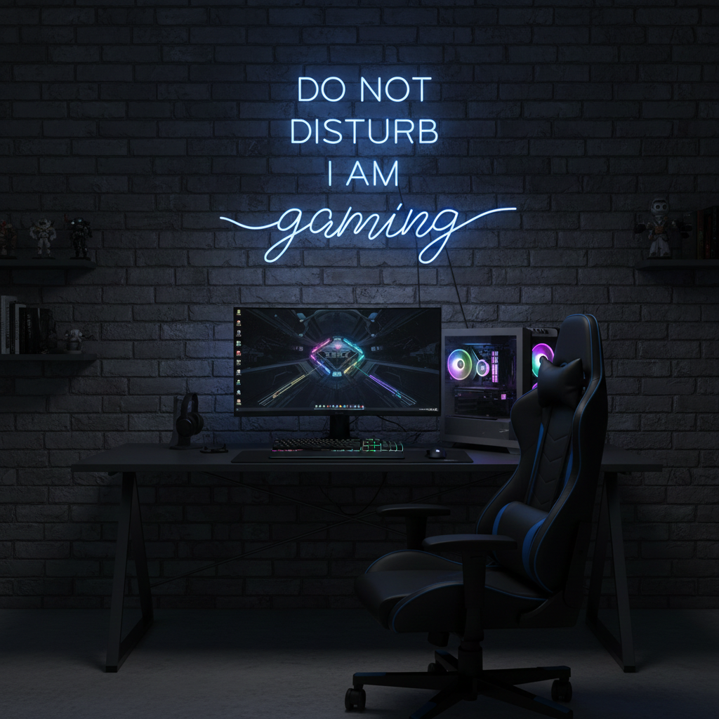 Do Not Disturb I Am Gaming" LED Neon sign by LEDNeons -  lit up on a wall, adding bold style to a gamer’s room.