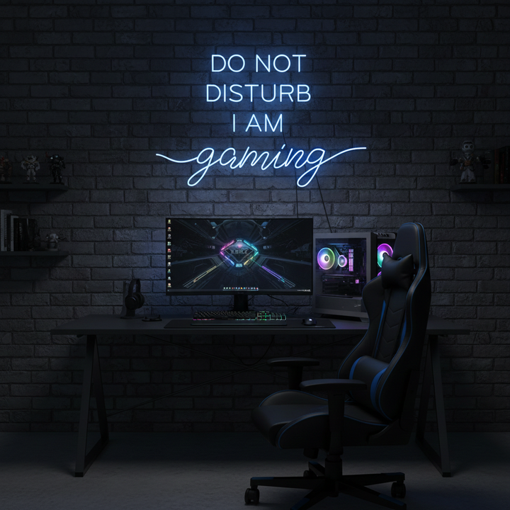 Do Not Disturb I Am Gaming" LED Neon sign by LEDNeons -  lit up on a wall, adding bold style to a gamer’s room.