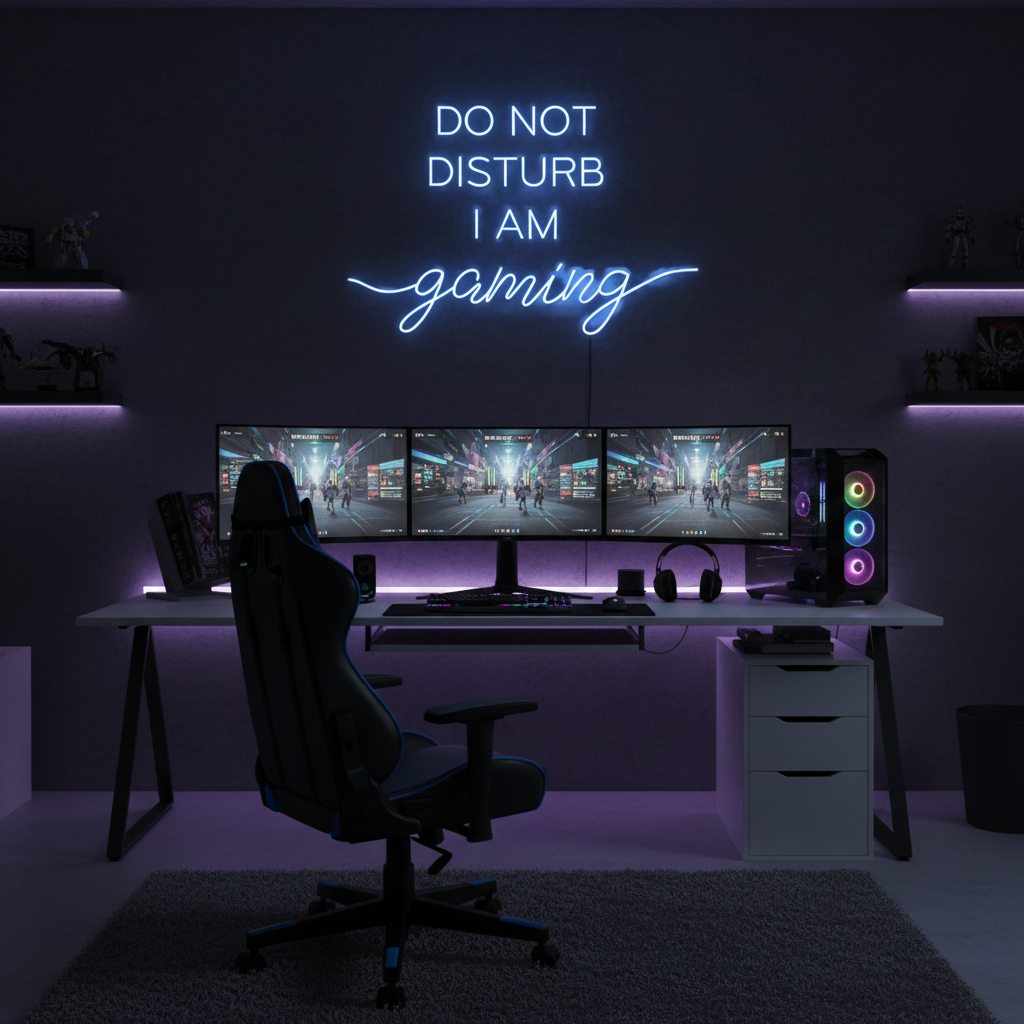 Do Not Disturb I Am Gaming" LED Neon sign by LEDNeons -  lit up on a wall, adding bold style to a gamer’s room.