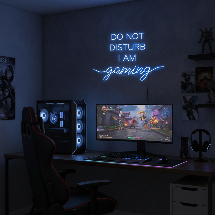 Do Not Disturb I Am Gaming" LED Neon sign by LEDNeons -  lit up on a wall, adding bold style to a gamer’s room.