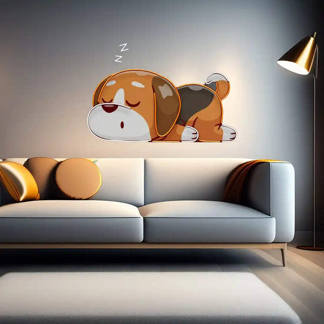 Dog Falling Asleep UV Art LED Neon Sign in orange and white colour by LEDNeon's 