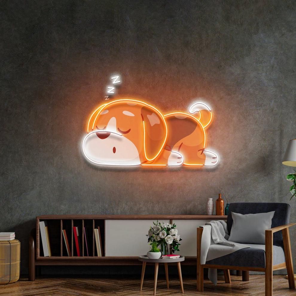 Dog Falling Asleep UV Art LED Neon Sign in orange and white colour by LEDNeons 