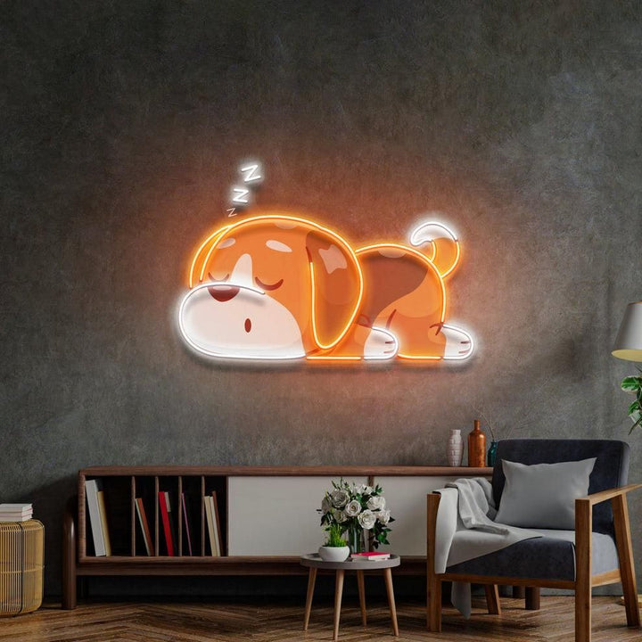 Dog Falling Asleep UV Art LED Neon Sign in orange and white colour by LEDNeons 