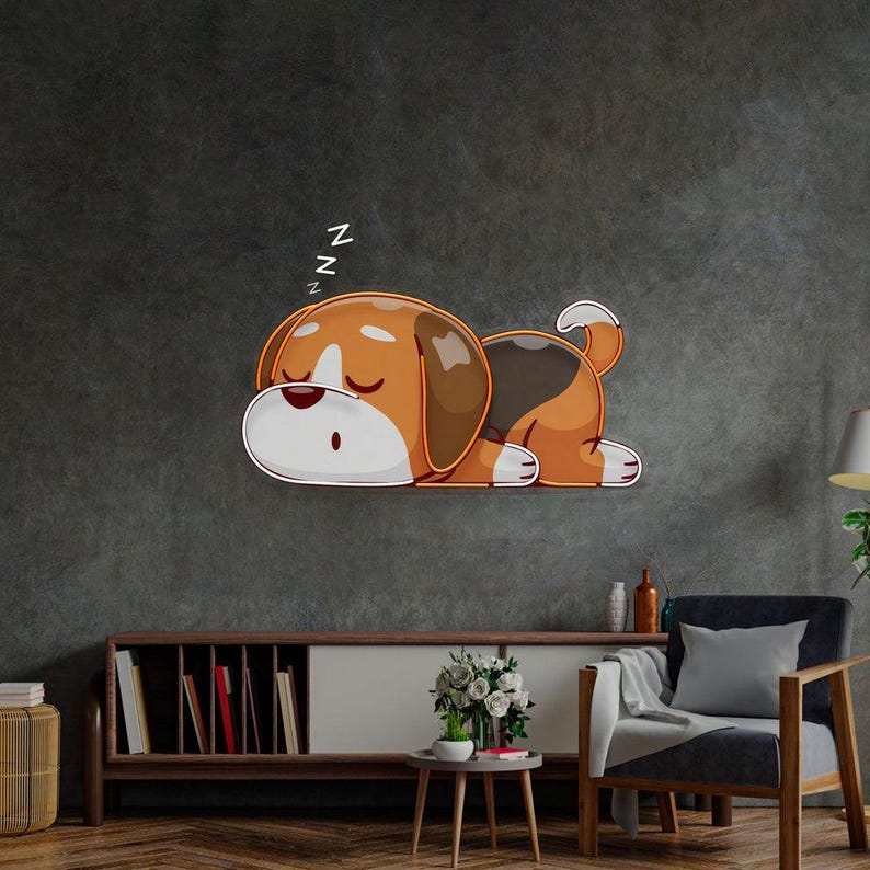 Dog Falling Asleep UV Art LED Neon Sign in orange and white colour by LEDNeons 