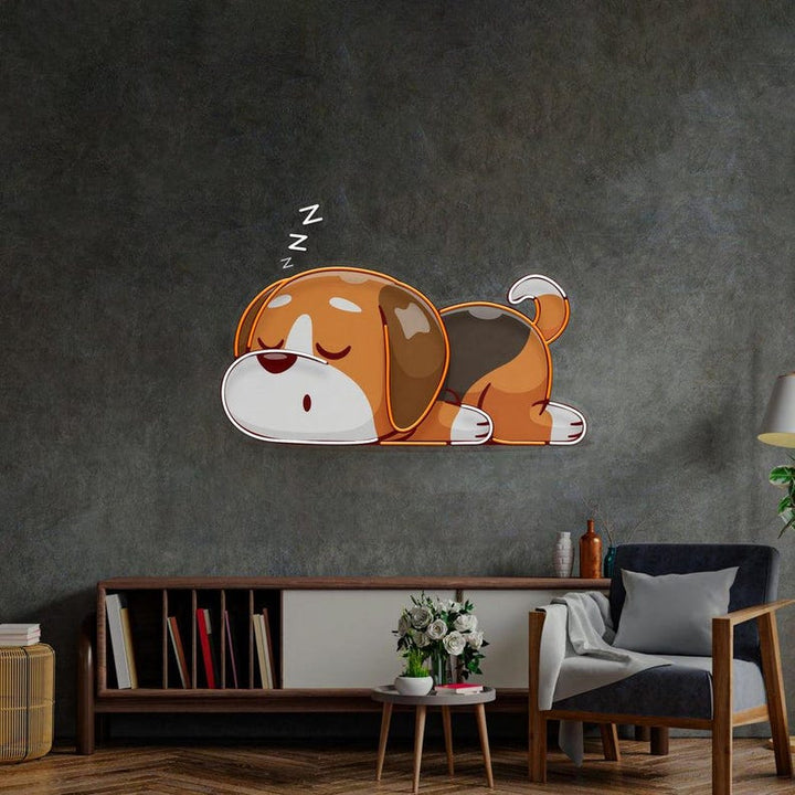 Dog Falling Asleep UV Art LED Neon Sign in orange and white colour by LEDNeons 