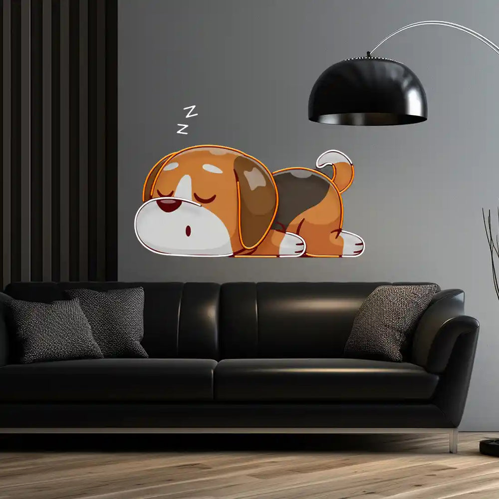 Dog Falling Asleep UV Art LED Neon Sign in orange and white colour by LEDNeon's - Dark Background