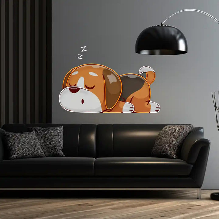 Dog Falling Asleep UV Art LED Neon Sign in orange and white colour by LEDNeon's - Dark Background