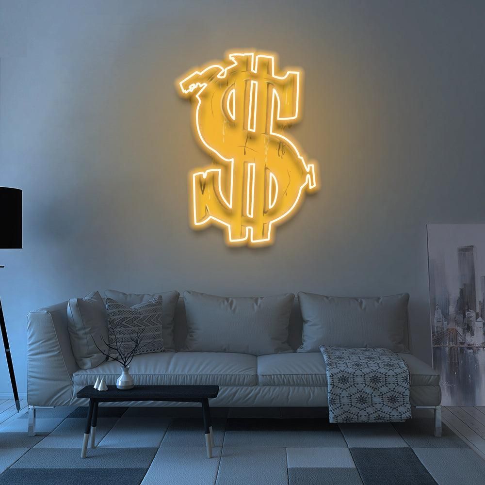 Dollar sign graffti UV Art LED Neon Sign in yellow color by LEDNeons - perfect for modern wall décor and urban aesthetics.
