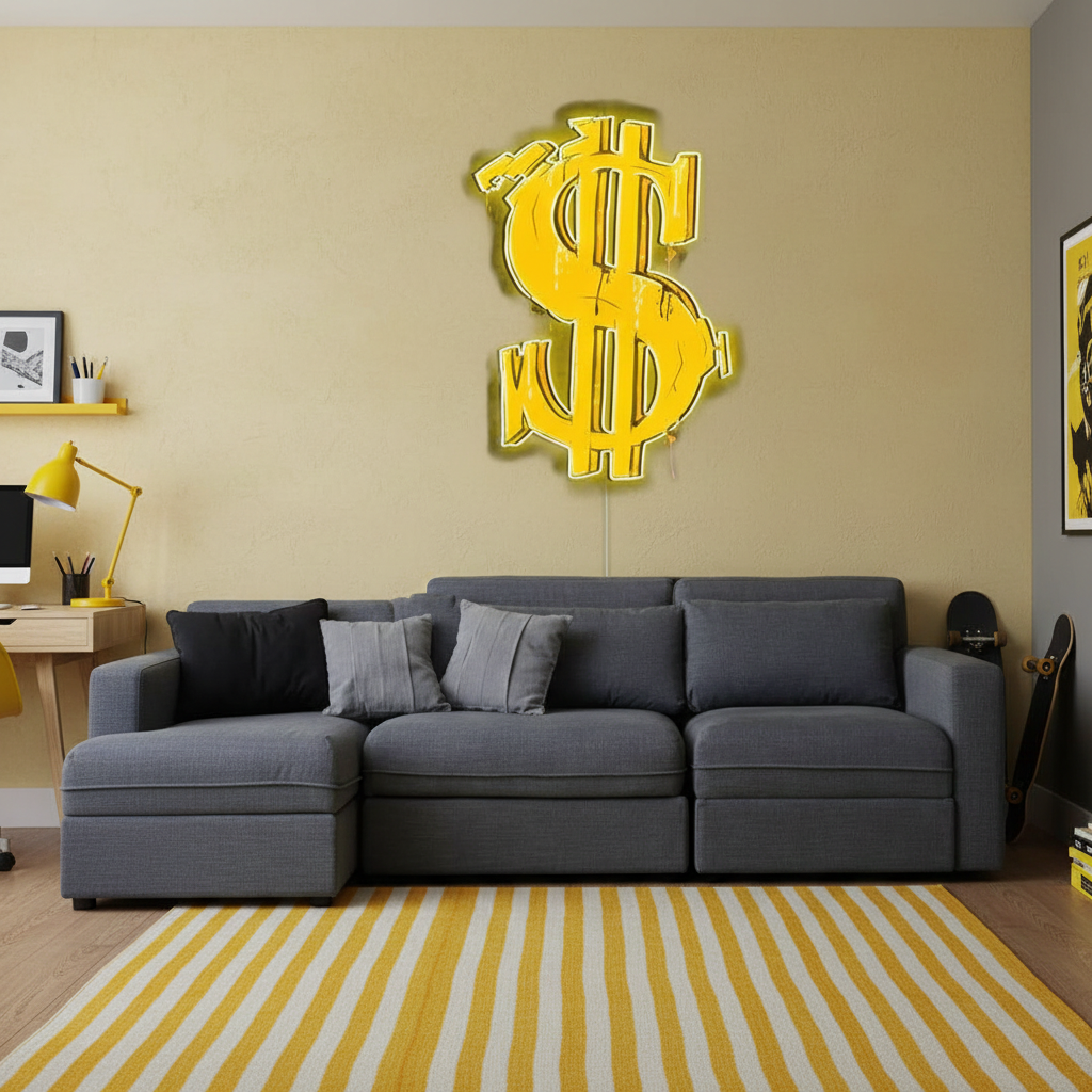 Dollar sign graffti UV Art LED Neon Sign in yellow color by LEDNeons - perfect for modern wall décor and urban aesthetics.
