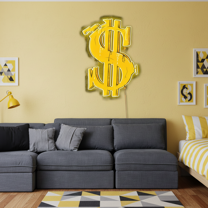 Dollar sign graffti UV Art LED Neon Sign in yellow color by LEDNeons - perfect for modern wall décor and urban aesthetics.