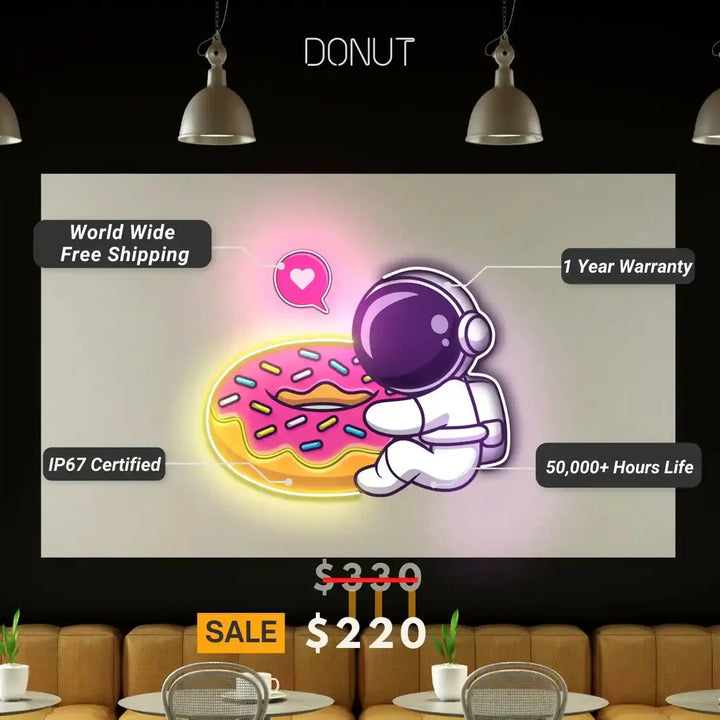 Donut Astronaut UV Light Neon Artwork by LEDNeons — a creative neon design featuring an astronaut holding or floating
