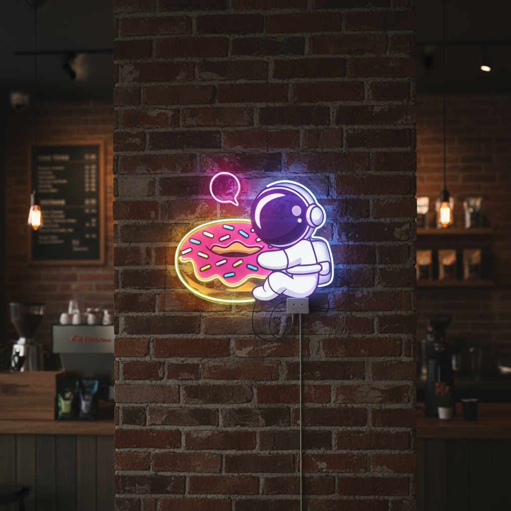 Donut Astronaut UV Light Neon Artwork by LEDNeons — a creative neon design featuring an astronaut holding or floating
