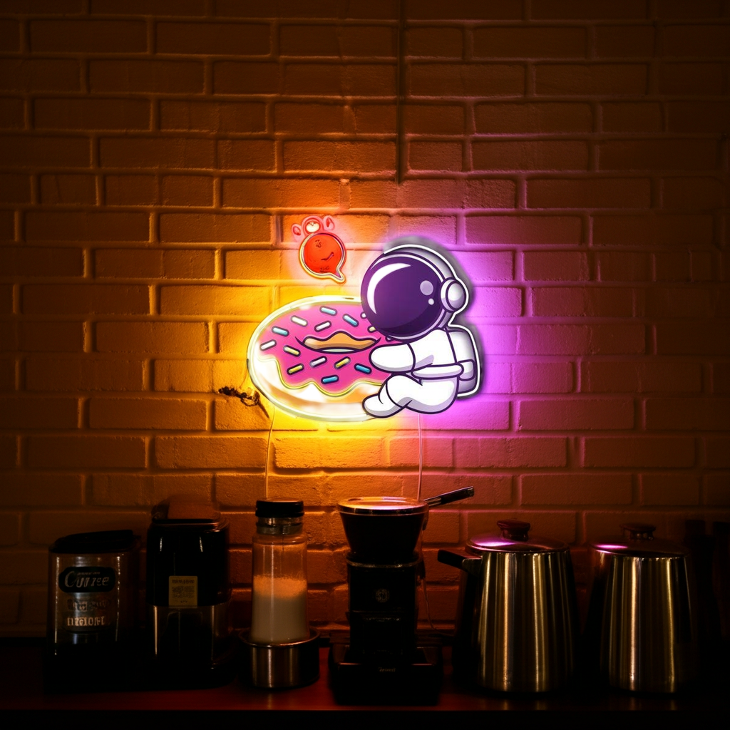 Donut Astronaut UV Light Neon Artwork by LEDNeons — a creative neon design featuring an astronaut holding or floating