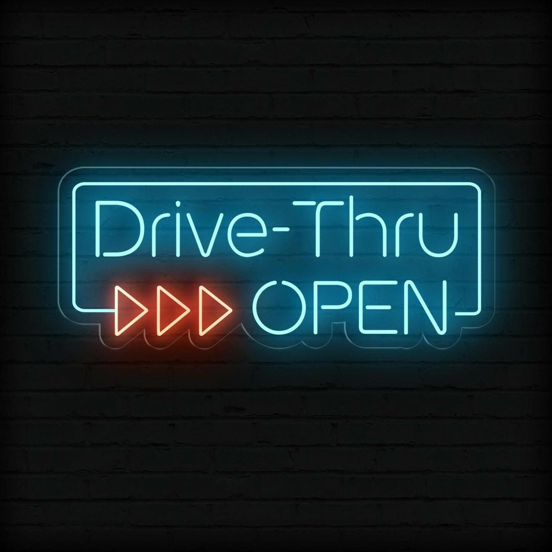 "Drive-Thru Open" Neon sign by LEDNeons - Bright neon sign signaling that drive-thru service is available.