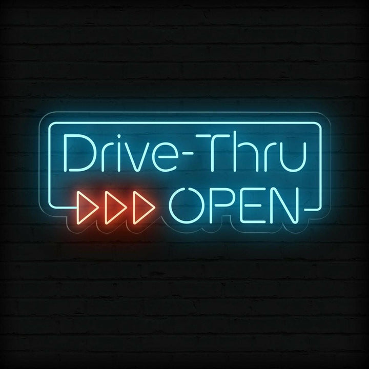 "Drive-Thru Open" Neon sign by LEDNeons - Bright neon sign signaling that drive-thru service is available.