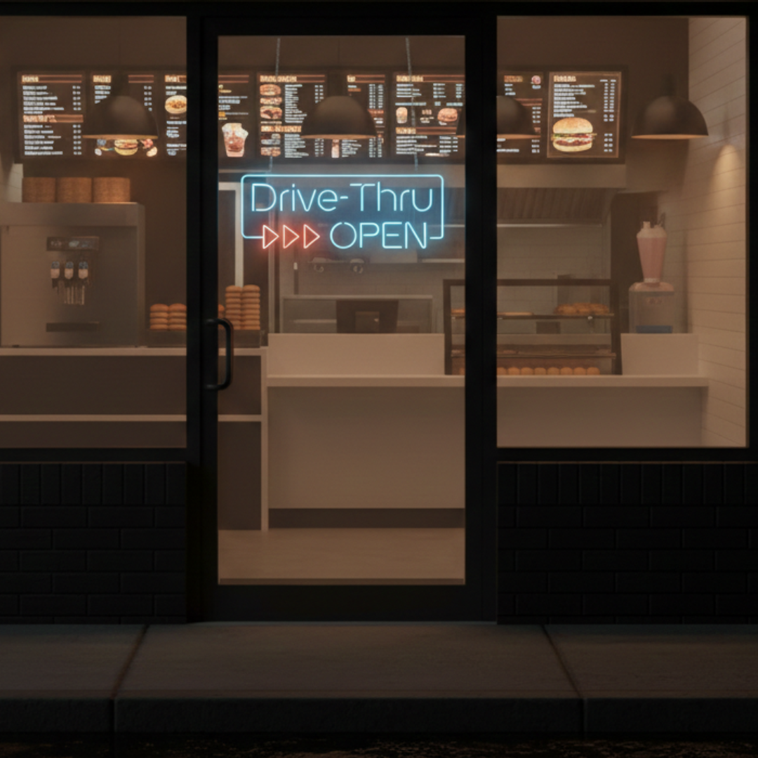 "Drive-Thru Open" Neon sign by LEDNeons - Bright neon sign signaling that drive-thru service is available.