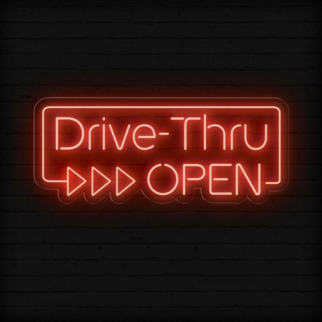 "Drive-Thru Open" Neon sign by LEDNeons - Bright neon sign signaling that drive-thru service is available.
