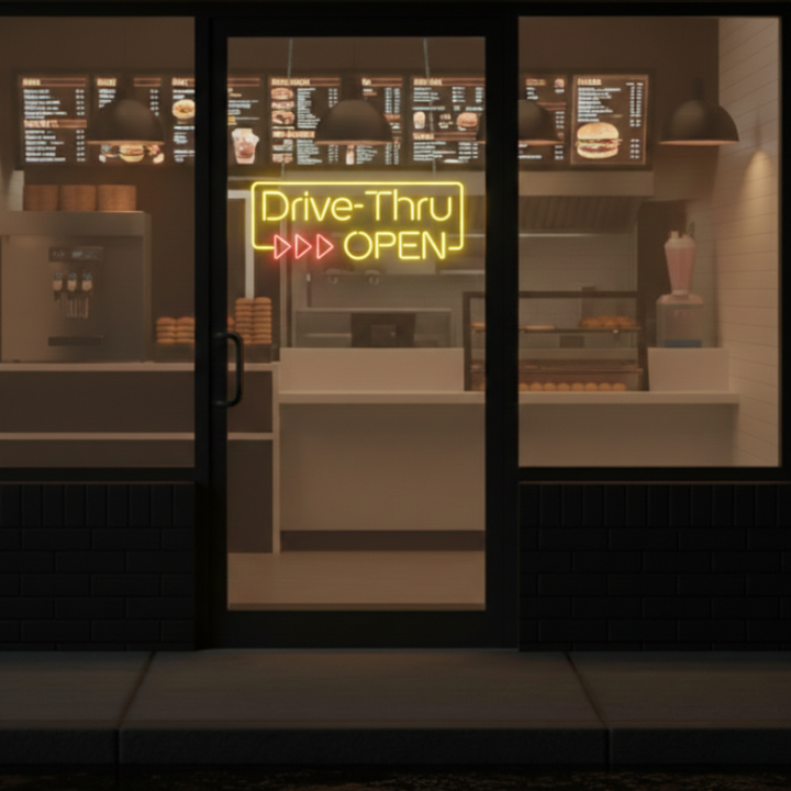"Drive-Thru Open" Neon sign by LEDNeons - Bright neon sign signaling that drive-thru service is available.