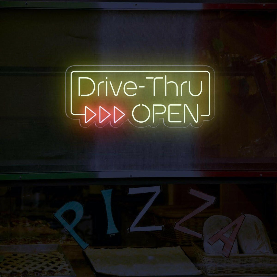 "Drive-Thru Open" Neon sign by LEDNeons - Bright neon sign signaling that drive-thru service is available.