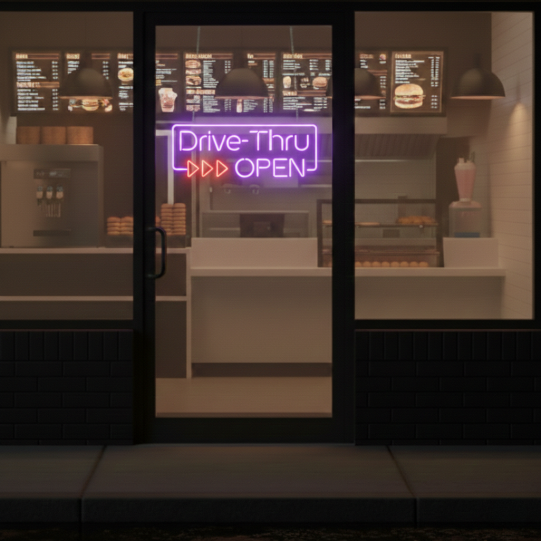 "Drive-Thru Open" Neon sign by LEDNeons - Bright neon sign signaling that drive-thru service is available.