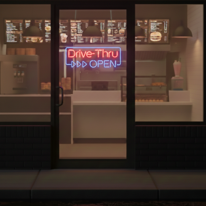 "Drive-Thru Open" Neon sign by LEDNeons - Bright neon sign signaling that drive-thru service is available.