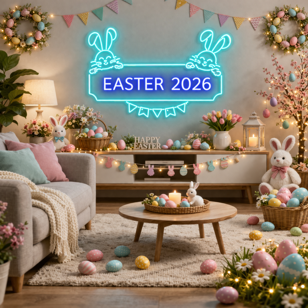 Easter 2026 neon sign glowing on wall for spring holiday decor by LEDNeons
