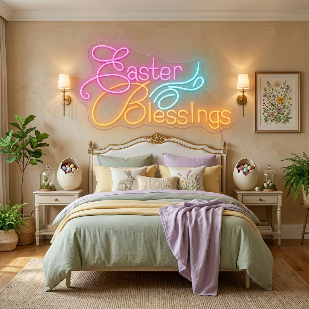Easter Blessings neon sign glowing on wall for festive home decor by LEDNeons
