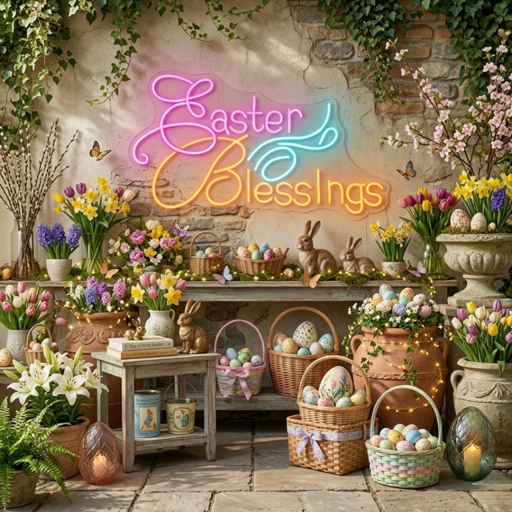 Easter Blessings neon sign glowing on wall for festive home decor by LEDNeons