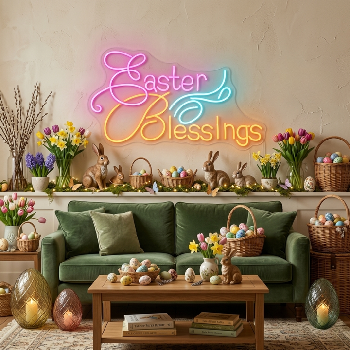 Easter Blessings neon sign glowing on wall for festive home decor by LEDNeons