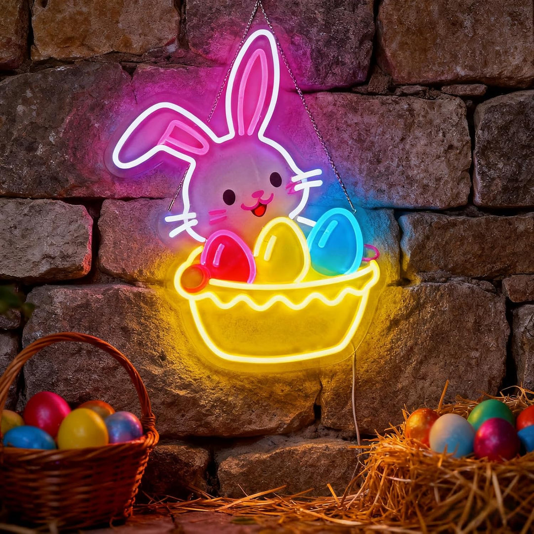 Easter Egg Basket neon sign glowing on wall for festive decor by LEDNeons