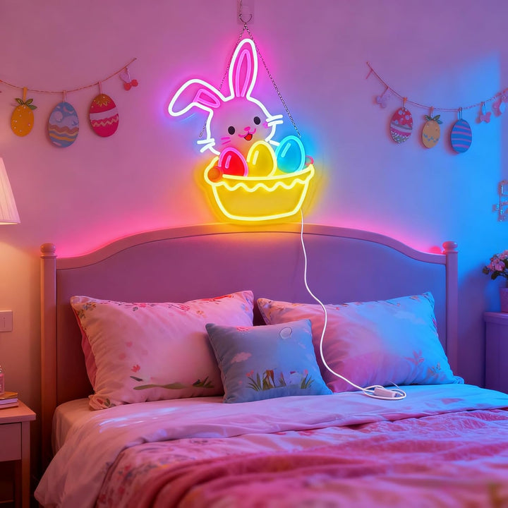 Easter Egg Basket neon sign glowing on wall for festive decor by LEDNeons