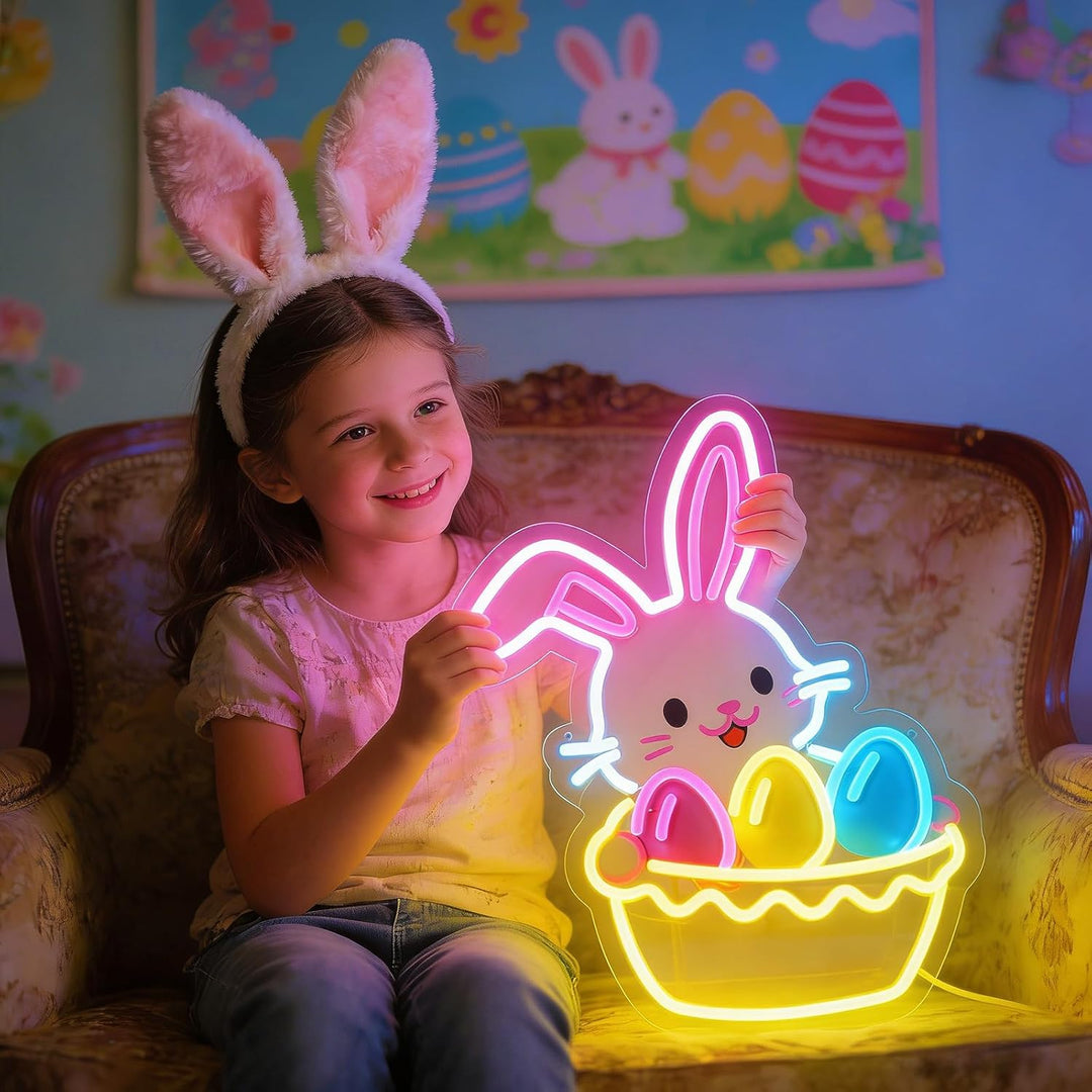 Easter Egg Basket neon sign glowing on wall for festive decor by LEDNeons
