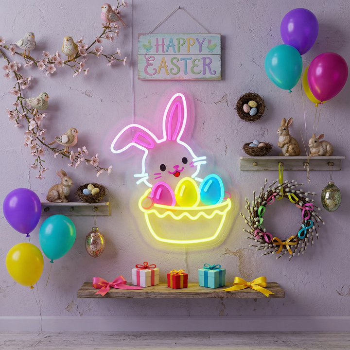 Easter Egg Basket neon sign glowing on wall for festive decor by LEDNeons