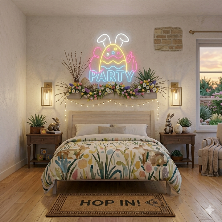 Bright Easter Party neon sign glowing on wall by LEDNeons