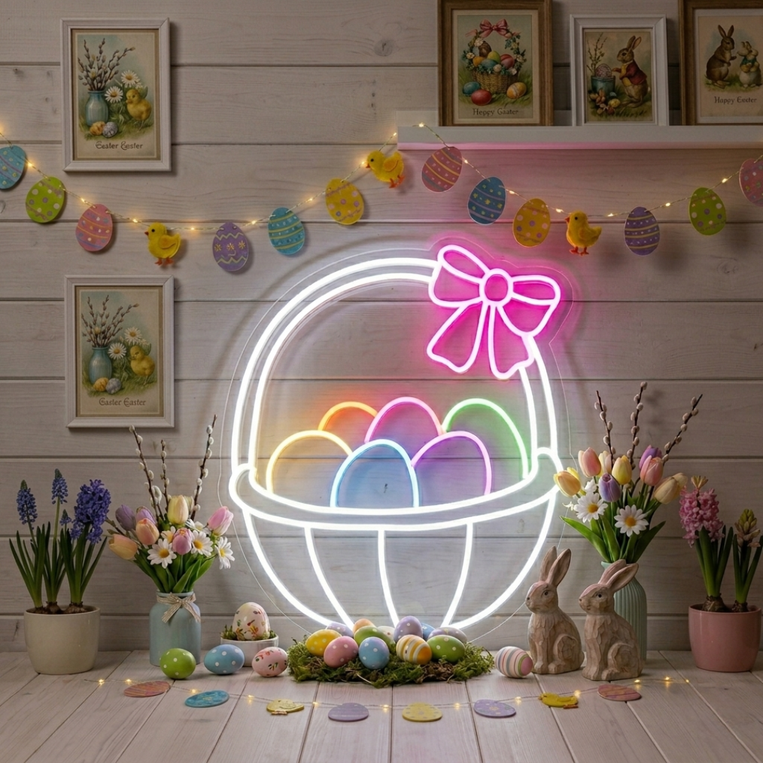 Easter basket egg neon sign glowing on wall for Easter decor by LEDNeons