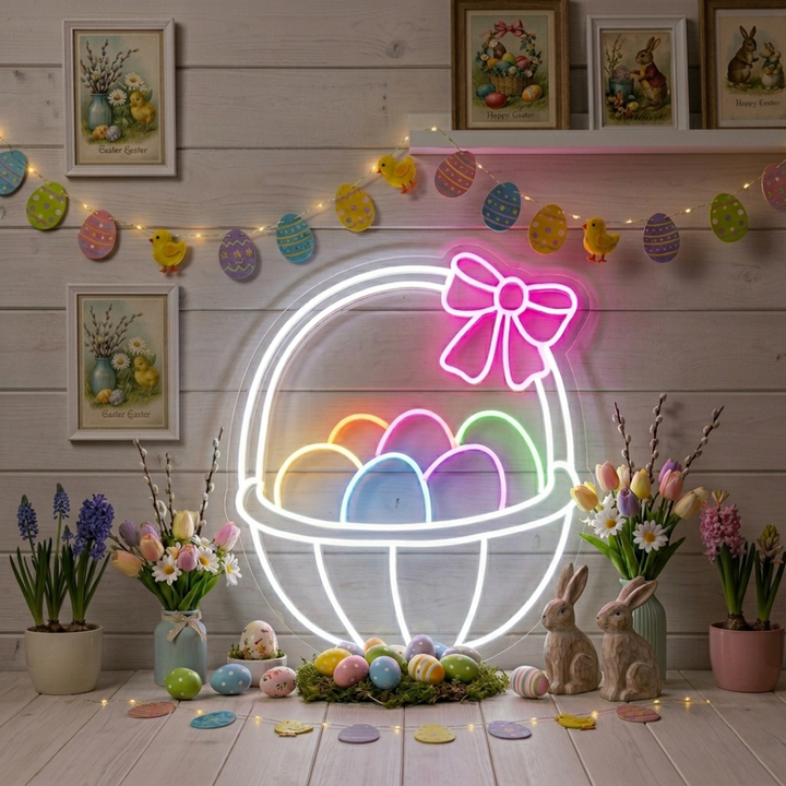 Easter basket egg neon sign glowing on wall for Easter decor by LEDNeons