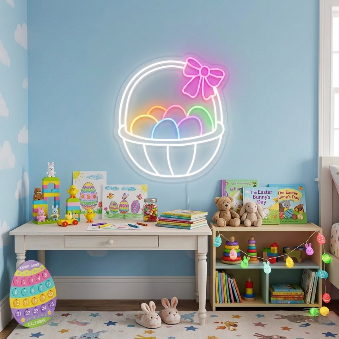 Easter basket egg neon sign glowing on wall for Easter decor by LEDNeons