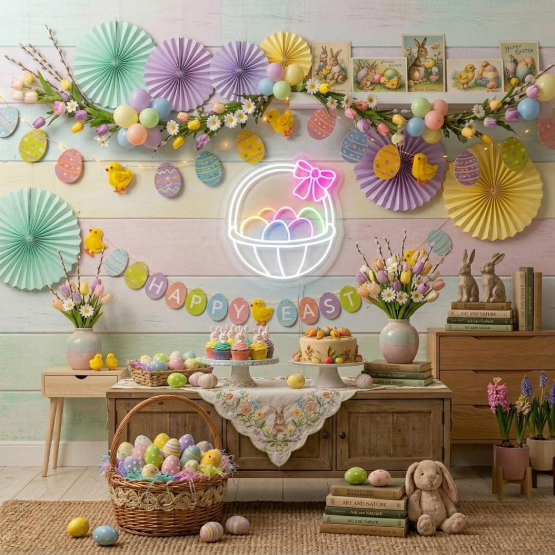 Easter basket egg neon sign glowing on wall for Easter decor by LEDNeons