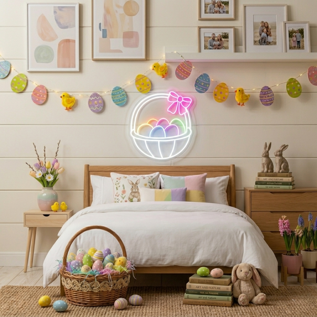 Easter basket egg neon sign glowing on wall for Easter decor by LEDNeons