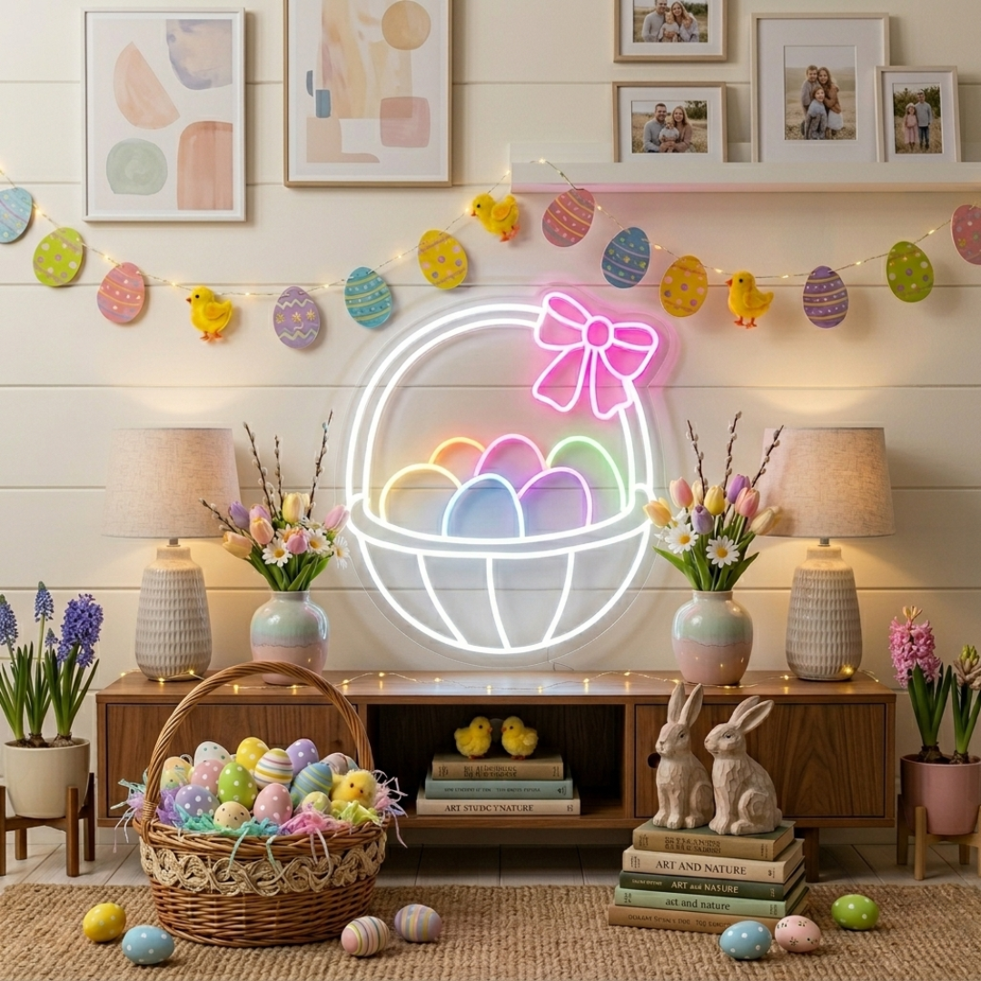 Easter basket egg neon sign glowing on wall for Easter decor by LEDNeons
