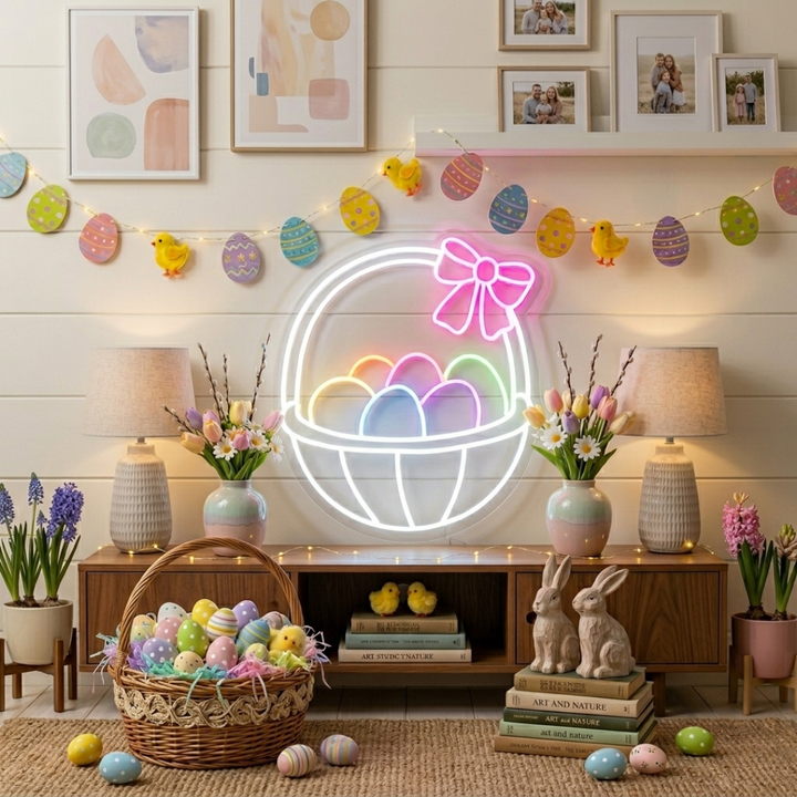 Easter basket egg neon sign glowing on wall for Easter decor by LEDNeons