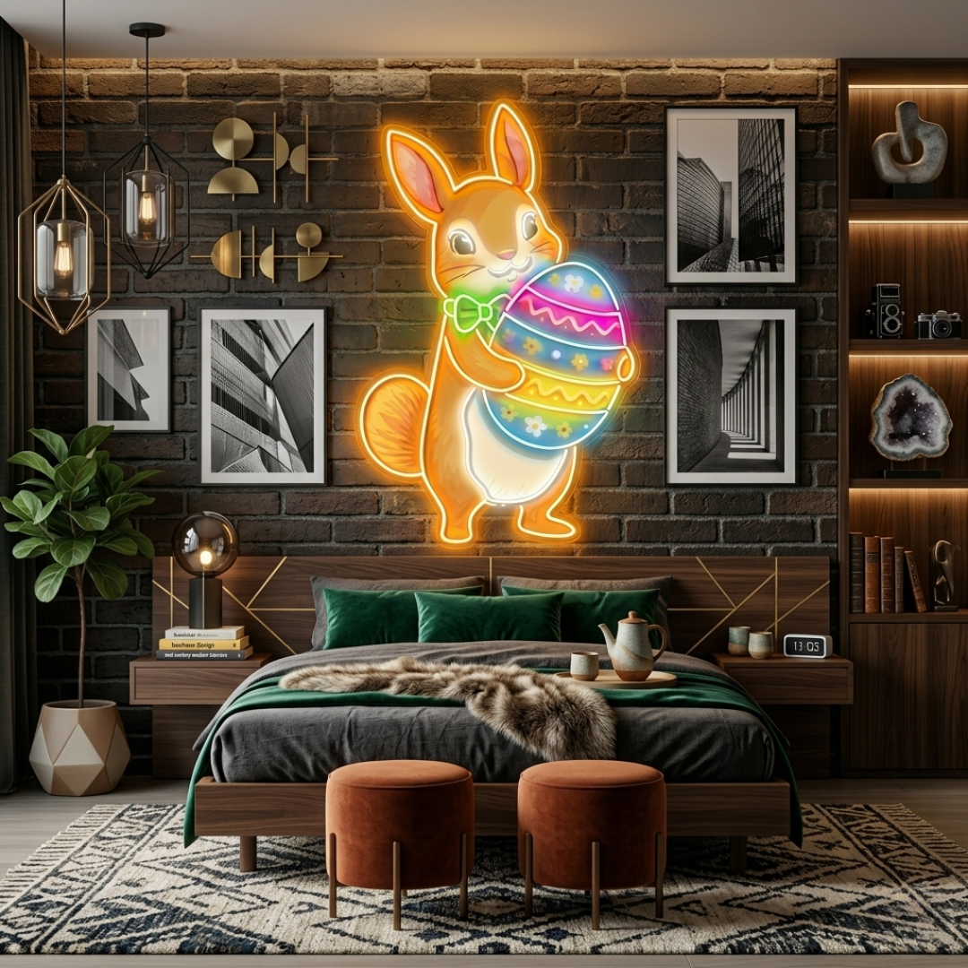 Easter squirrel neon sign glowing on wall by LEDNeons