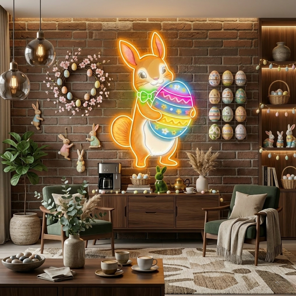 Easter squirrel neon sign glowing on wall by LEDNeons