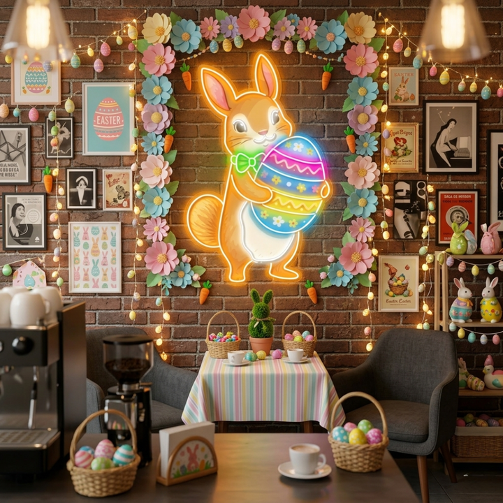 Easter squirrel neon sign glowing on wall by LEDNeons