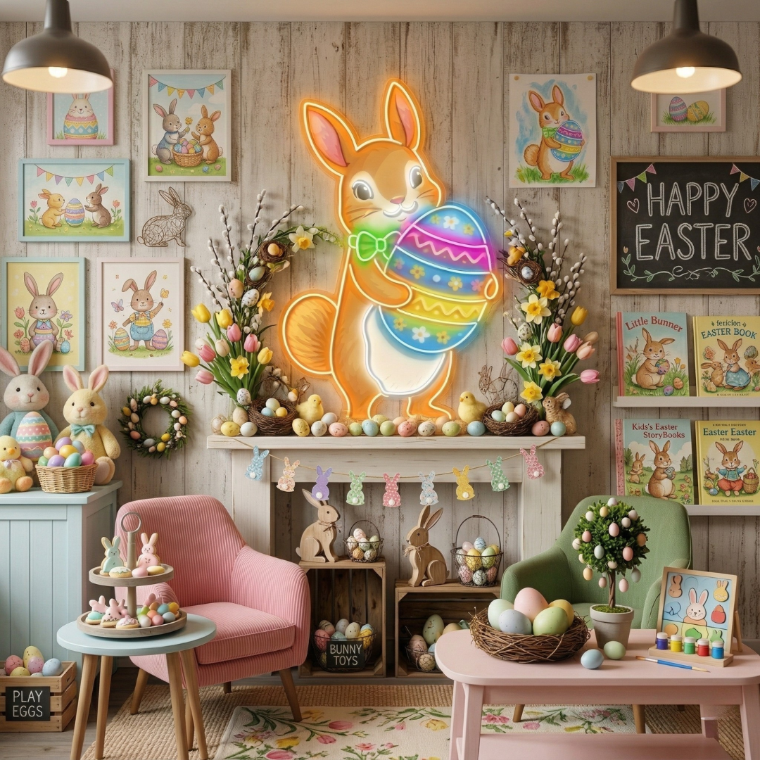 Easter squirrel neon sign glowing on wall by LEDNeons