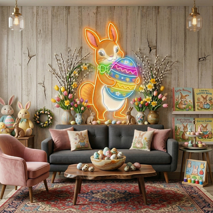 Easter squirrel neon sign glowing on wall by LEDNeons